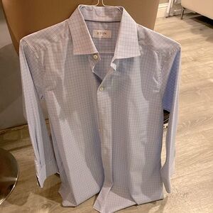 Eton Slim Fit Dress Shirt Mens Large 16  EU 41 Blue & black plaid